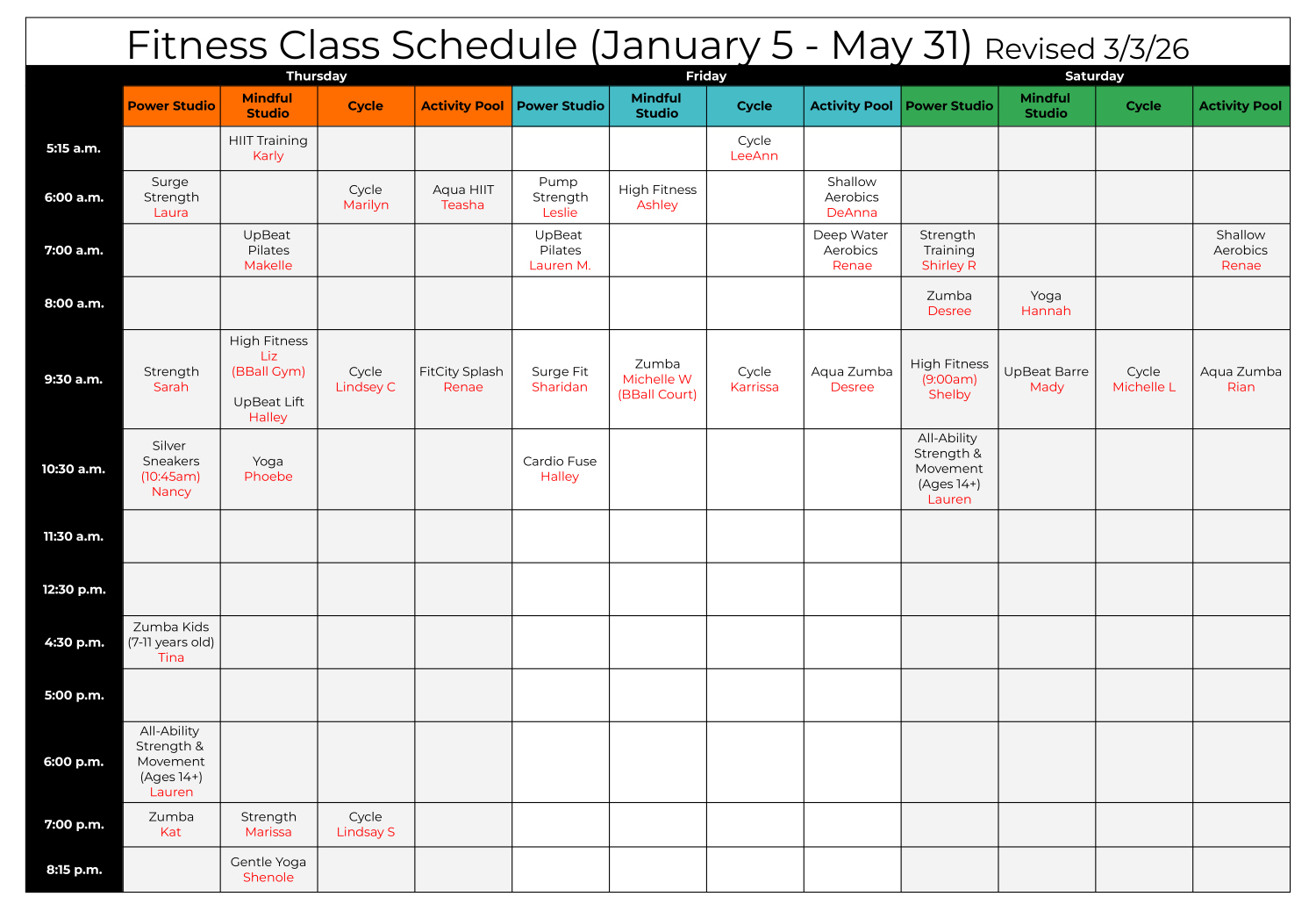 Fitness Class Schedule (Thursday - Saturday