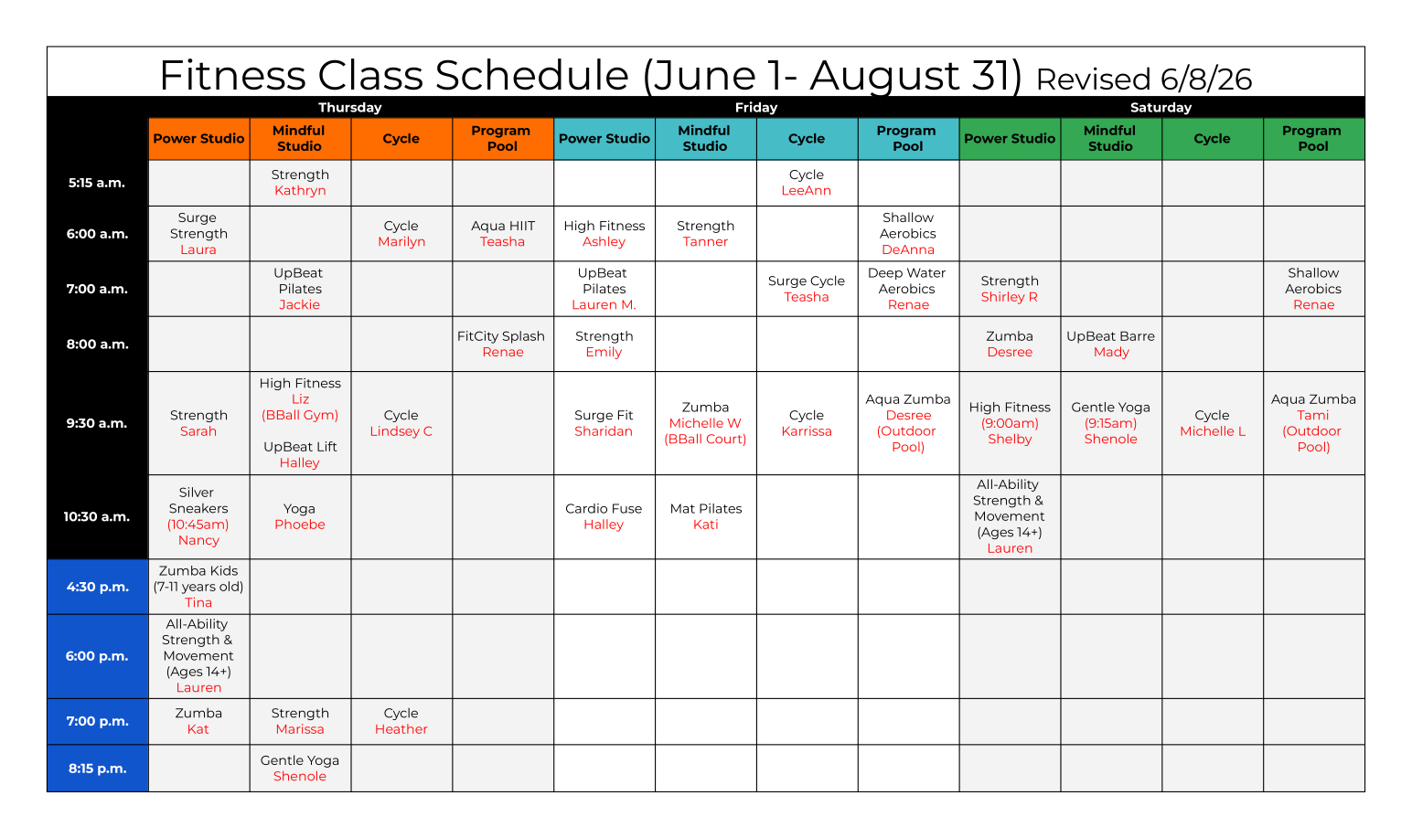 Fitness Class Schedule (Thursday - Saturday