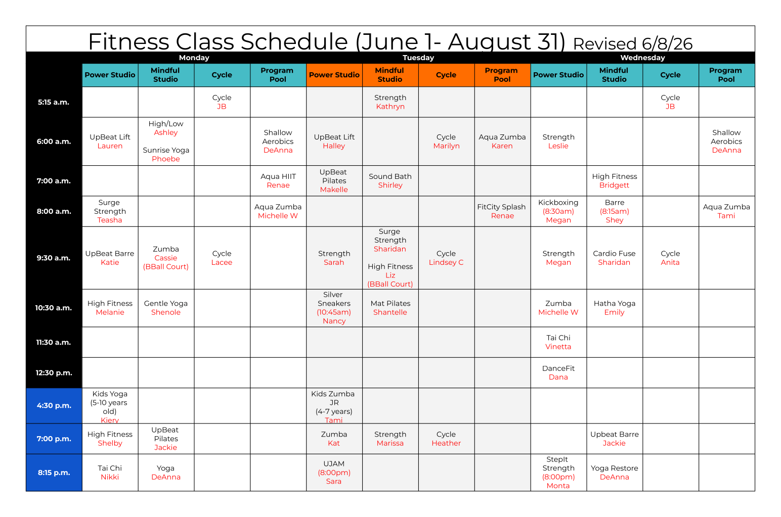 Fitness Class Schedule (Monday - Wednesday